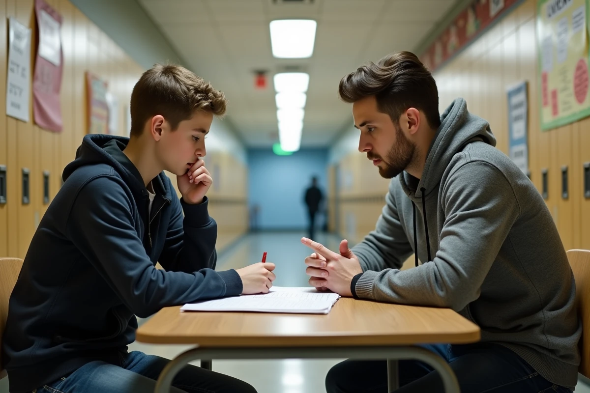 Jeune garçon et professeur en discussion dans le couloir
