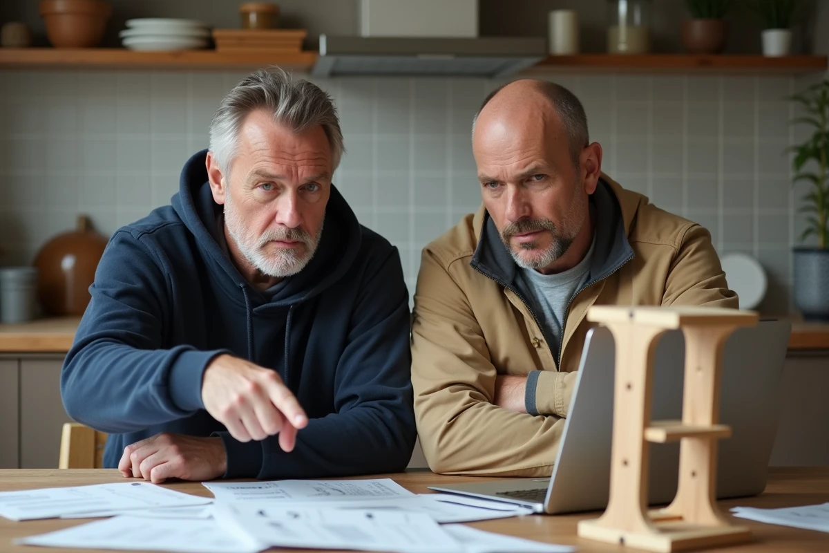 Deux hommes discutant du niveau réel d'un cours de bricolage en ligne, feuilles de cours et laptop ouvert sur la table