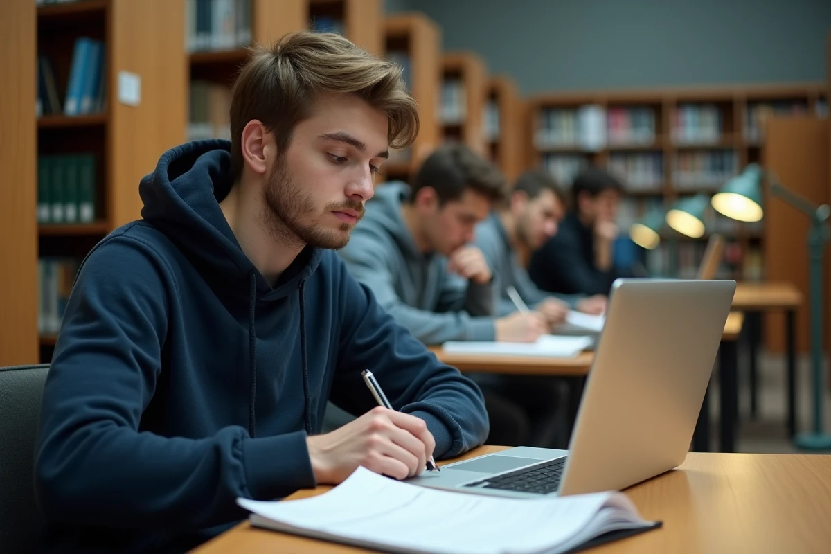 Étudiant consultant ses documents d'inscription pour e-candidat Sorbonne Nouvelle dans une bibliothèque universitaire