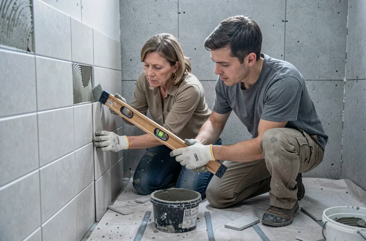 Deux adultes posant du carrelage ensemble lors d'un atelier pratique de formation bricolage Bricoludik