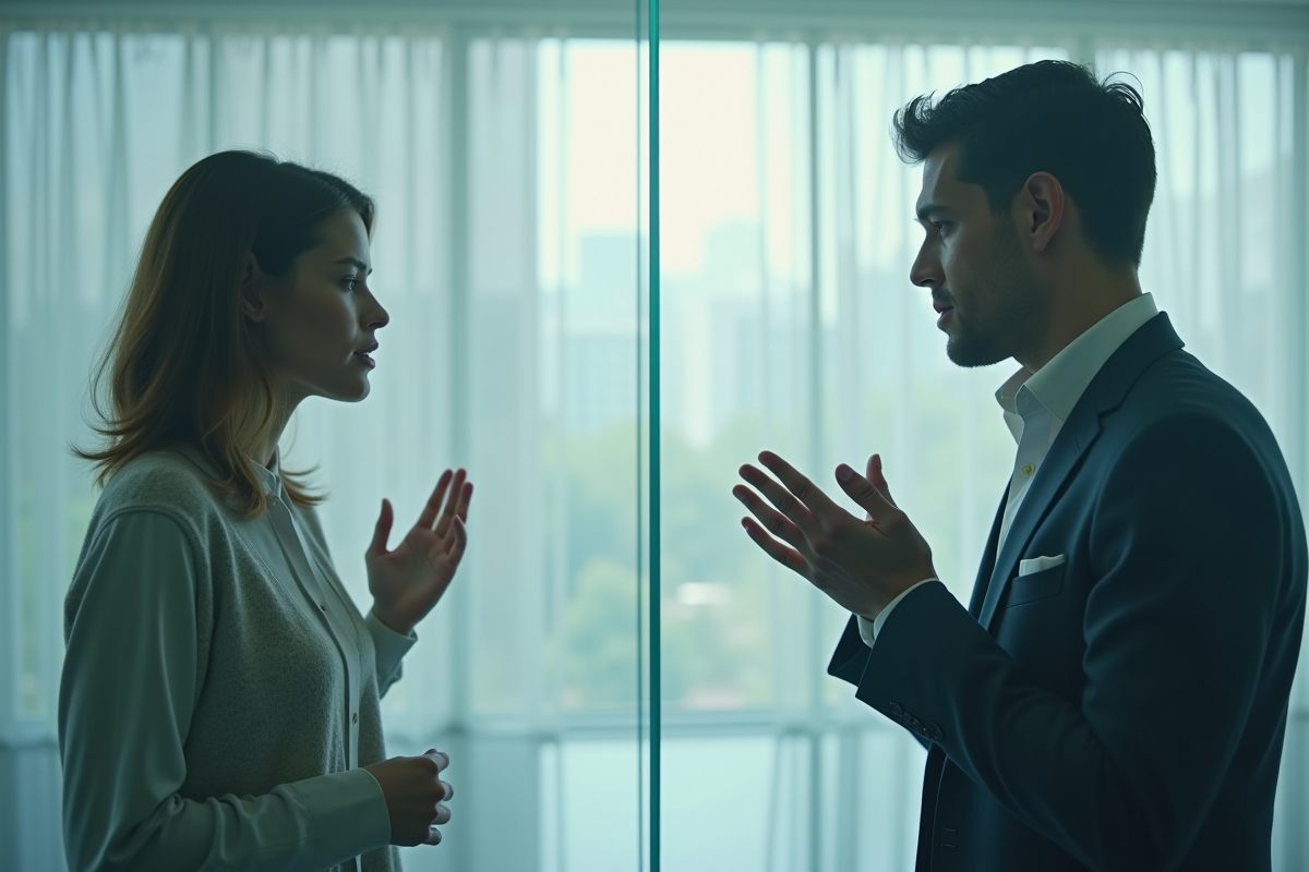 Deux personnes séparées par une vitre symbolisant les obstacles de communication