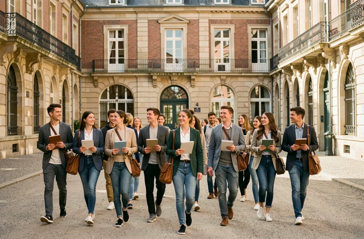 Étudiants en école de commerce marchant sur un campus universitaire à Toulouse en Haute-Garonne