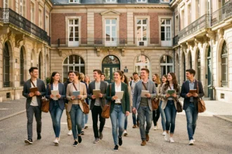 Étudiants en école de commerce marchant sur un campus universitaire à Toulouse en Haute-Garonne