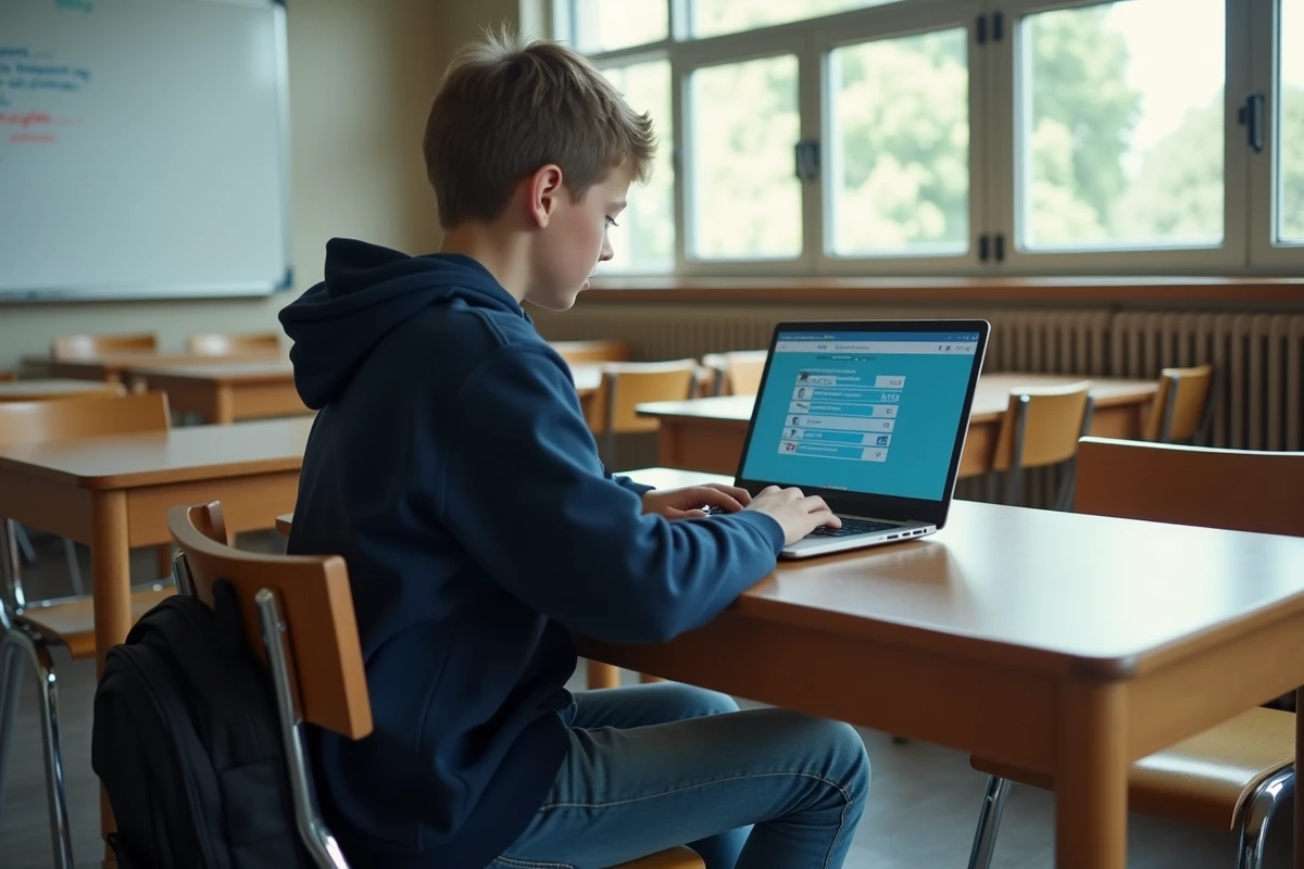 Élève de collège utilisant un ENT sur ordinateur portable en salle de classe