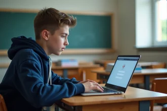 Élève de lycée se connectant à l'ENT Aisne NEO sur un ordinateur portable en salle de classe