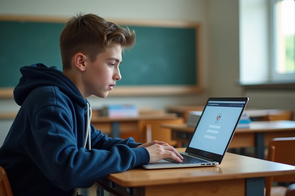 Élève de lycée se connectant à l'ENT Aisne NEO sur un ordinateur portable en salle de classe