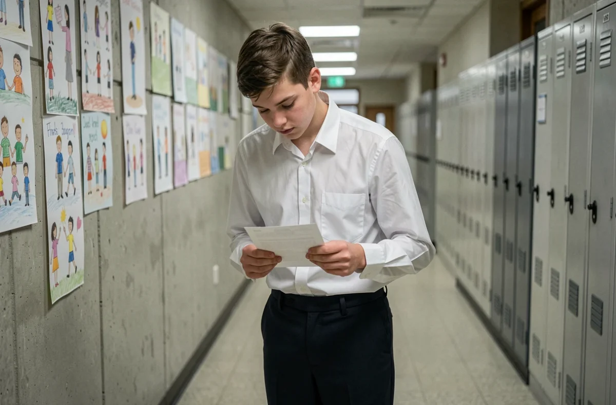 Élève adolescent tenant un avis de sanction scolaire dans un couloir d'établissement, illustrant le suivi disciplinaire via SCOLAWEB