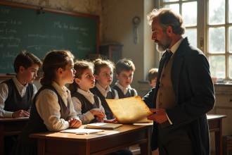 Groupe d enfants d ecole du 19eme siecle avec un professeur