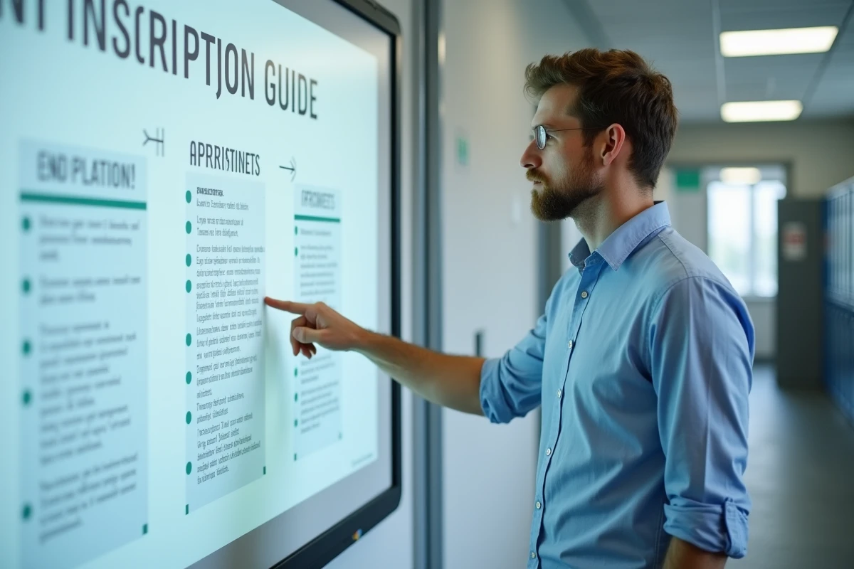 Enseignant présentant les étapes d'inscription à l'ENT Aisne NEO sur un tableau interactif en couloir scolaire