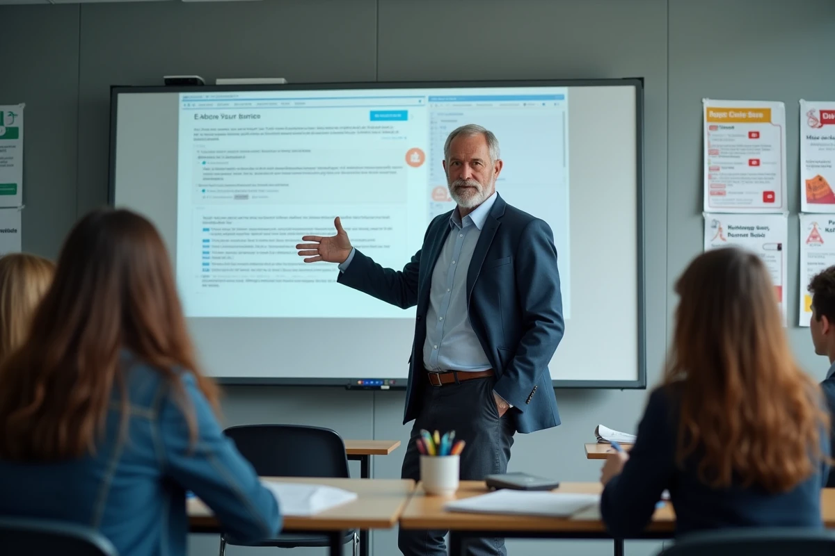 Professeur montrant ressources en ligne en classe moderne