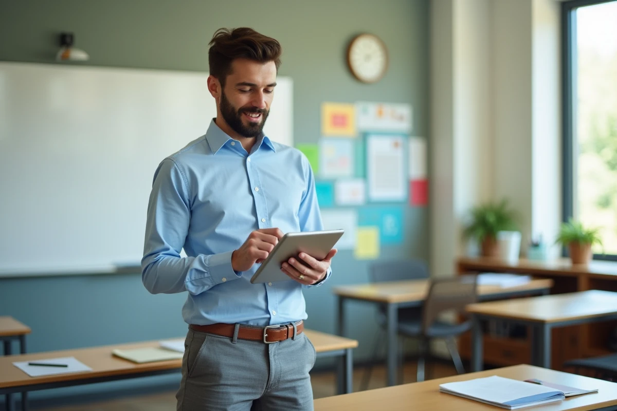 Jeune enseignant vérifiant une tablette dans la classe