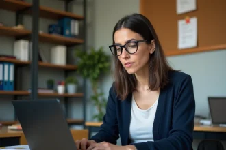 Enseignante connectée à Iprof sur son ordinateur portable dans une salle des professeurs