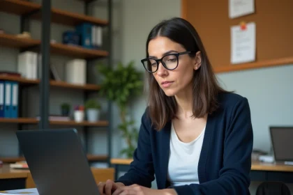 Enseignante connectée à Iprof sur son ordinateur portable dans une salle des professeurs