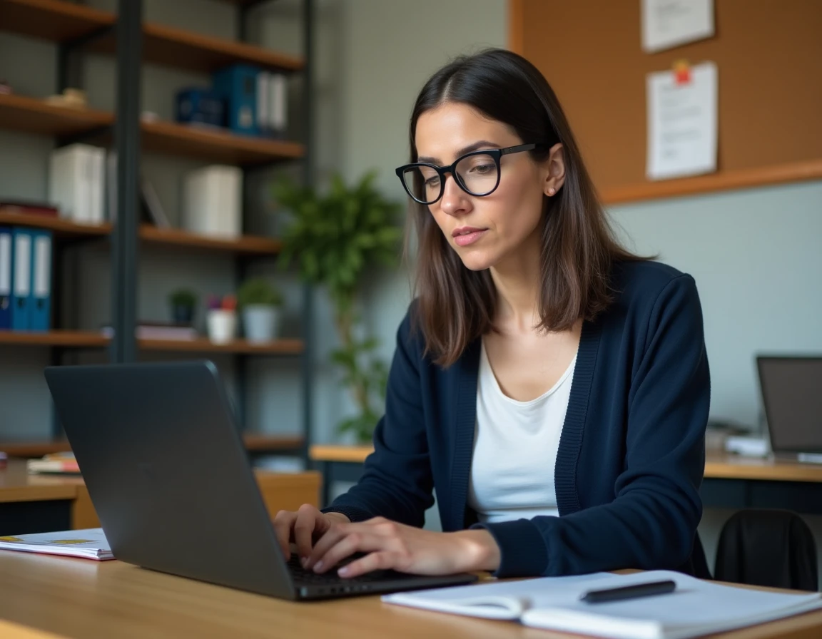 Enseignante connectée à Iprof sur son ordinateur portable dans une salle des professeurs