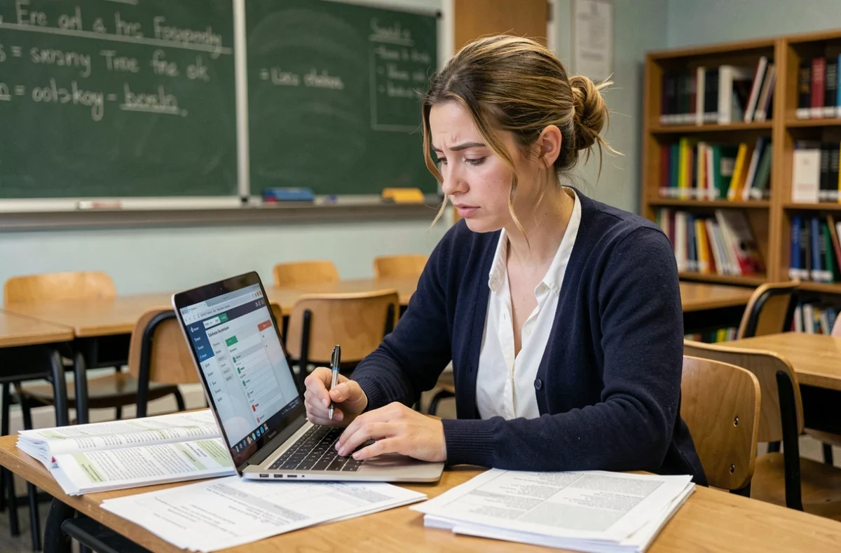 Enseignante débutante assise à son bureau de classe, travaillant sur un ordinateur portable avec des fiches de préparation de cours autour d'elle