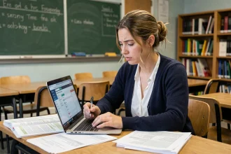 Enseignante débutante assise à son bureau de classe, travaillant sur un ordinateur portable avec des fiches de préparation de cours autour d'elle