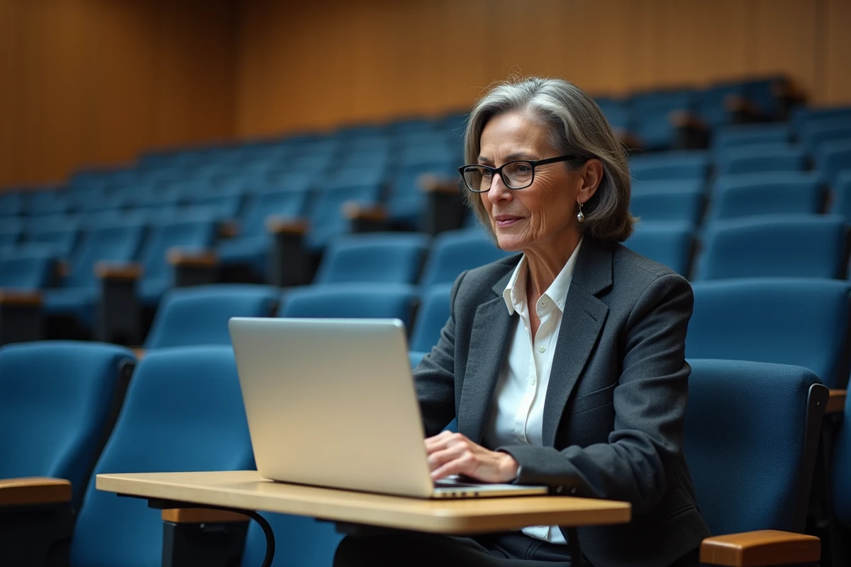 Enseignante chargeant des ressources pédagogiques sur l'ENT dans un amphithéâtre universitaire vide