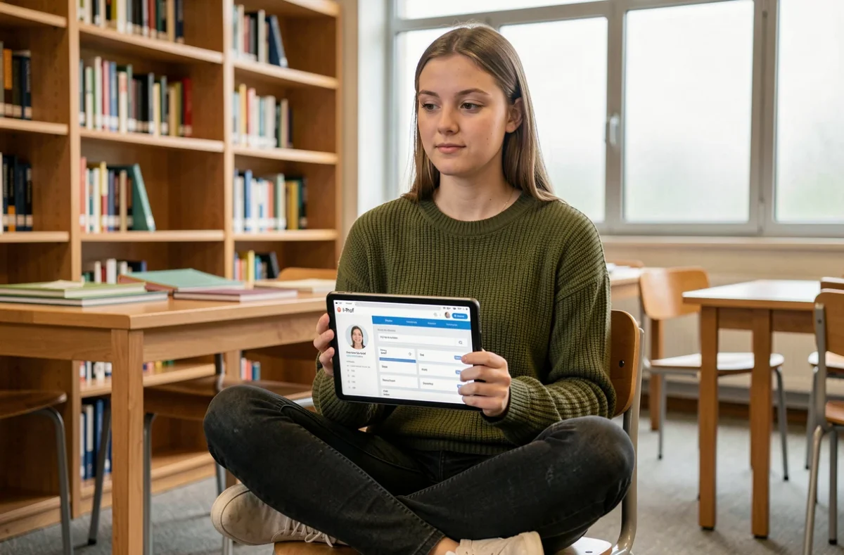Jeune enseignante consultant son profil I-Prof sur une tablette dans la bibliothèque d'un lycée