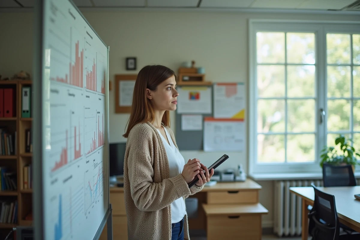 Enseignante vérifiant des données avec une tablette dans un bureau scolaire