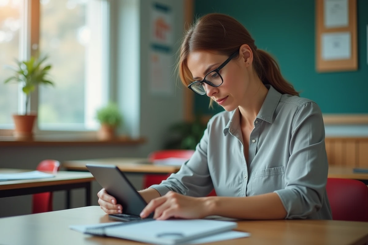 Enseignante utilisant une tablette dans une classe moderne