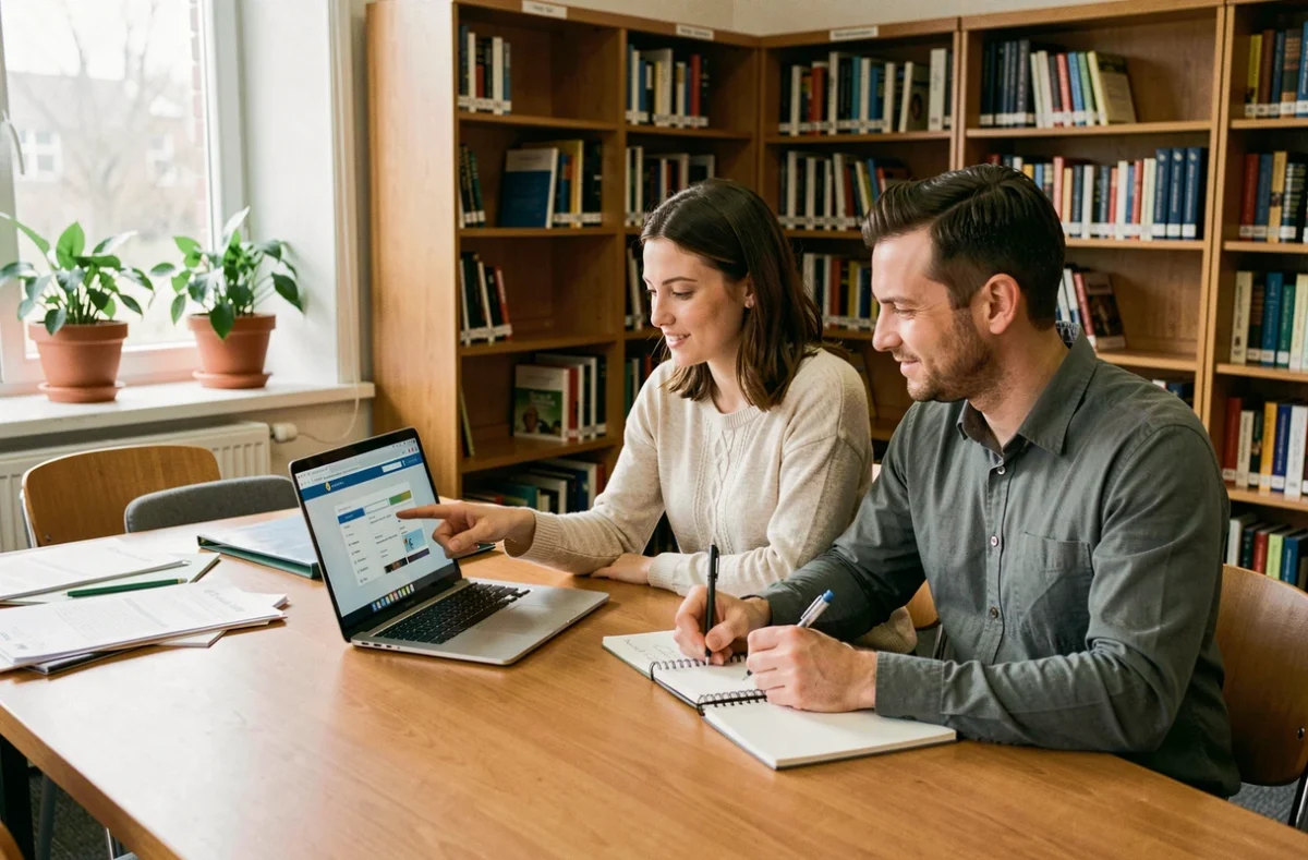 Deux enseignants débutants collaborant dans la bibliothèque scolaire autour d'un ordinateur portable pour optimiser leur organisation pédagogique
