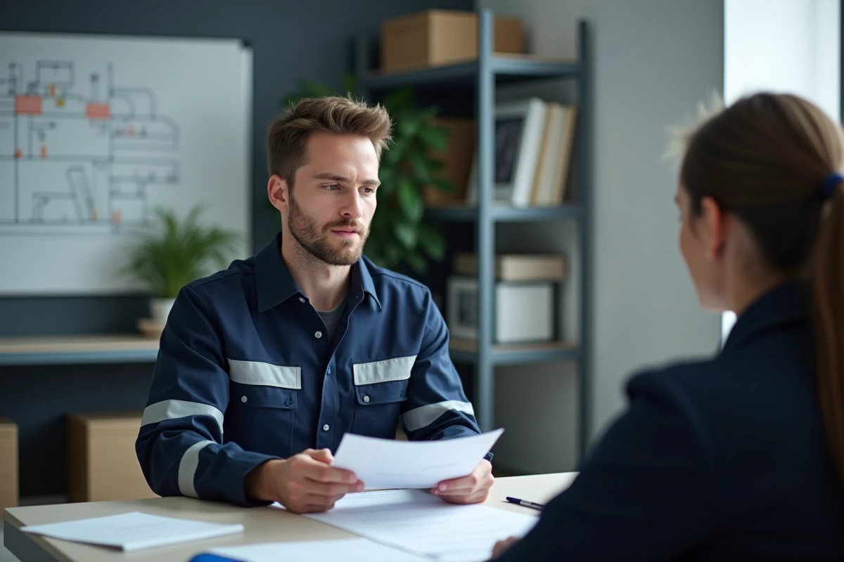 Homme en uniforme de wagoniste passant un entretien d'embauche dans un bureau RH industriel