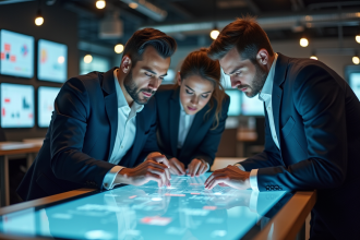 Equipe de professionnels collaborant autour d'une table digitale moderne