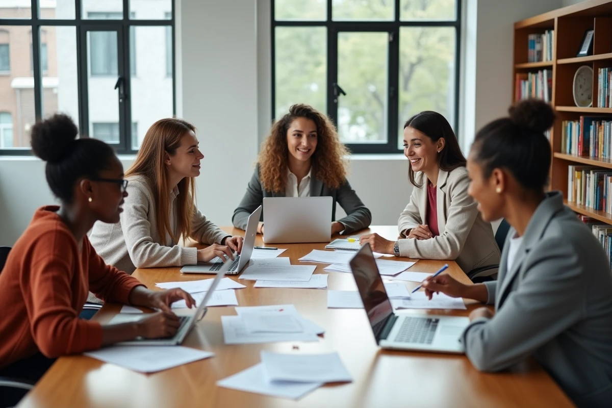 Équipe pédagogique réunie autour d'une table de formation collaborative avec documents et ordinateurs portables dans une salle universitaire moderne