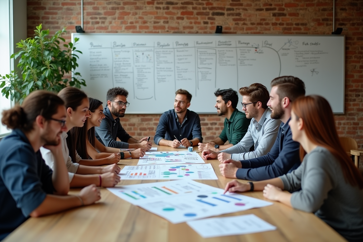 Groupe de professionnels en réunion dans un espace de coworking