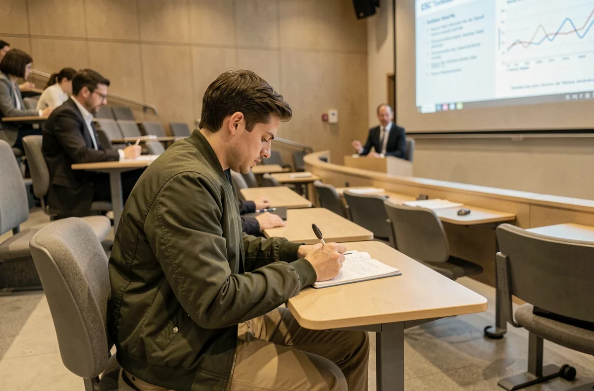 Étudiant prenant des notes dans un amphithéâtre moderne de l'ESG Toulouse