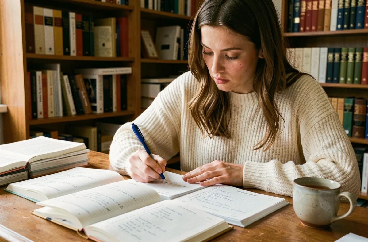 Jeune femme étudiant la conjugaison du verbe aller au passé simple sur un bureau en bois avec des cahiers de grammaire française ouverts