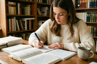 Jeune femme étudiant la conjugaison du verbe aller au passé simple sur un bureau en bois avec des cahiers de grammaire française ouverts