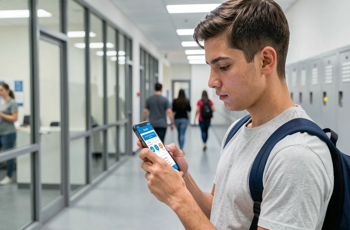 Étudiant consultant l'application mobile de son école dans un couloir universitaire moderne