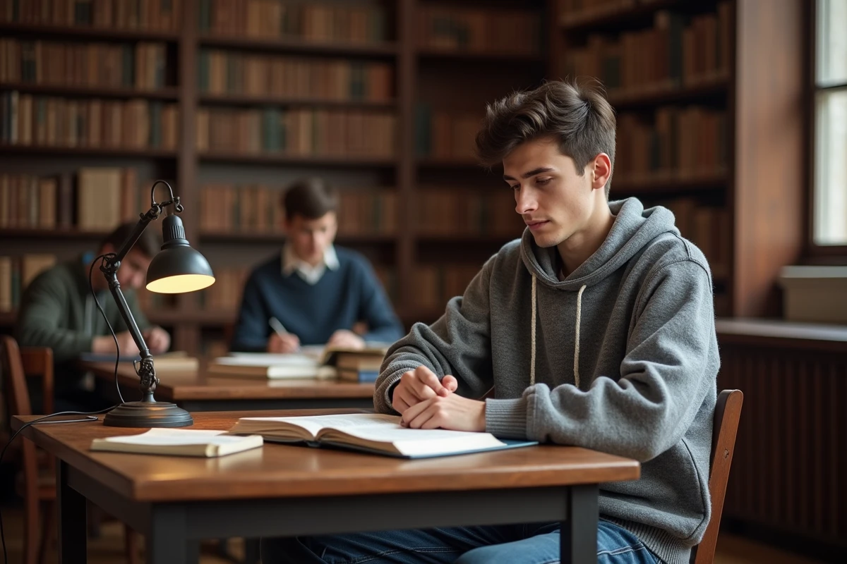 Étudiant en école classique révisant ses cours dans une bibliothèque universitaire française entourée de manuels académiques
