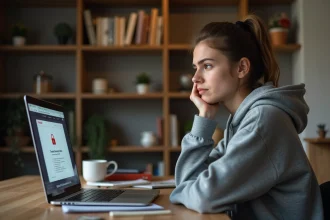 Étudiante frustrée face à une erreur de connexion sur le portail mycampus eduservices depuis son appartement