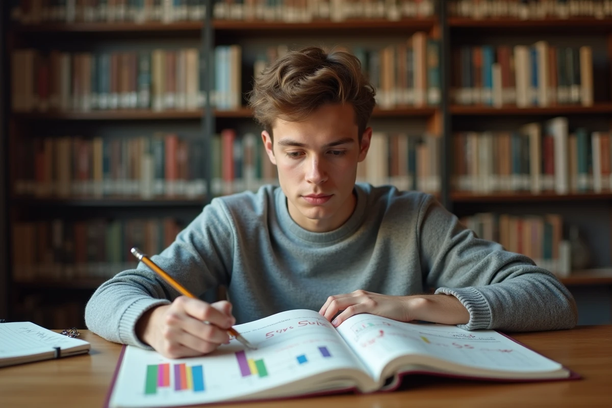 Étudiant étudiant des schémas de cylindres dans un manuel scolaire avec modèle acrylique pour comprendre le calcul de volume en litres
