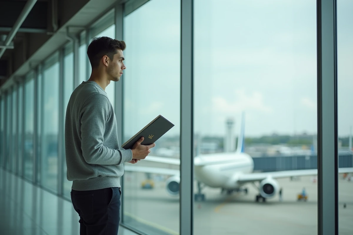 Jeune homme consultant un guide de formation aéronautique devant une baie vitrée donnant sur une piste d'aéroport, illustrant la préparation au programme cadet d'Air France