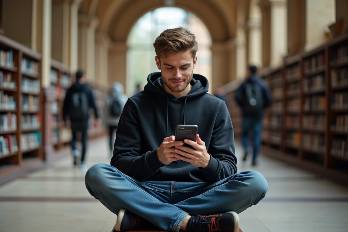 Étudiant consultant une erreur de connexion sur l'application de messagerie académique depuis son smartphone
