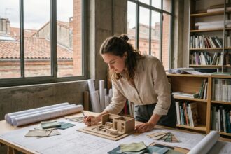 Étudiante en architecture d'intérieur travaillant sur des plans dans un studio de design à Toulouse