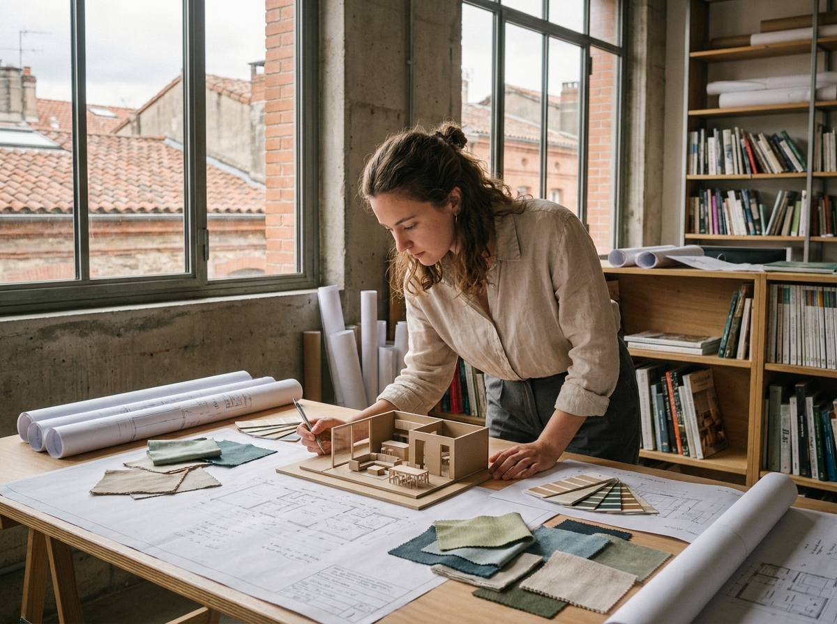 Étudiante en architecture d'intérieur travaillant sur des plans dans un studio de design à Toulouse