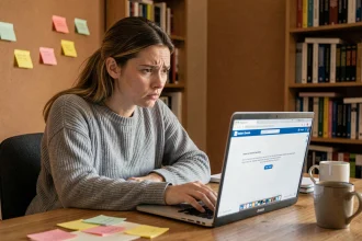 Étudiante frustrée face à un bug sur la plateforme Alcuin ESME sur son ordinateur portable