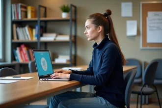 Jeune étudiante en étude avec ordinateur portable