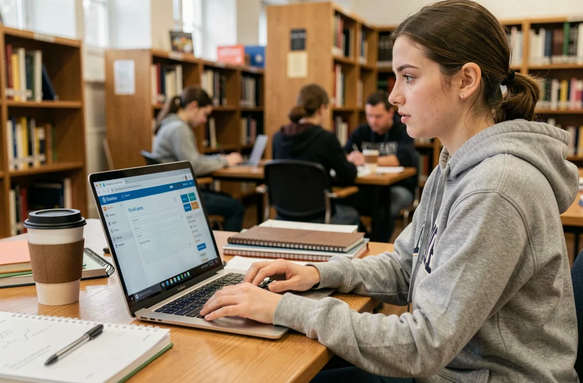 Étudiante utilisant le portail extranet de son école sur un ordinateur portable dans une bibliothèque universitaire
