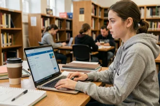 Étudiante utilisant le portail extranet de son école sur un ordinateur portable dans une bibliothèque universitaire