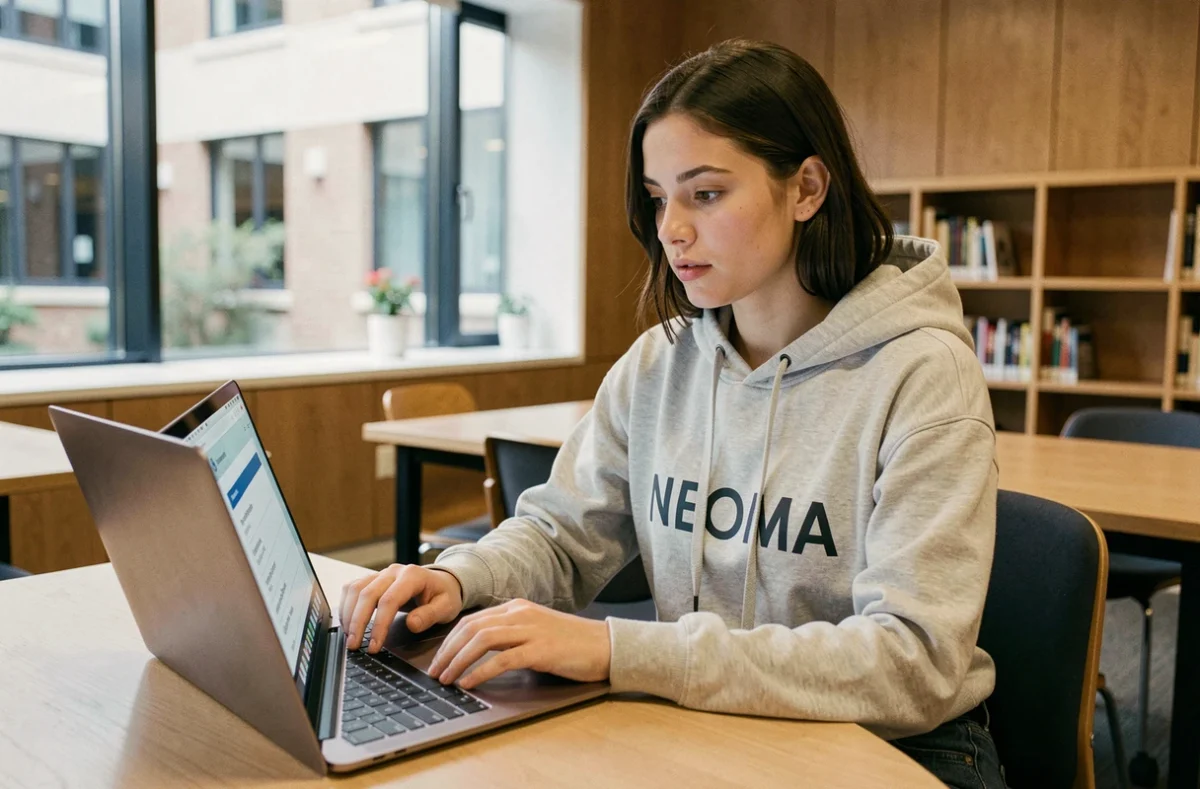 Étudiante NEOMA Business School découvrant le portail Neomagora sur son ordinateur portable dans un espace de coworking universitaire moderne