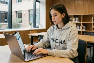 Étudiante NEOMA Business School découvrant le portail Neomagora sur son ordinateur portable dans un espace de coworking universitaire moderne