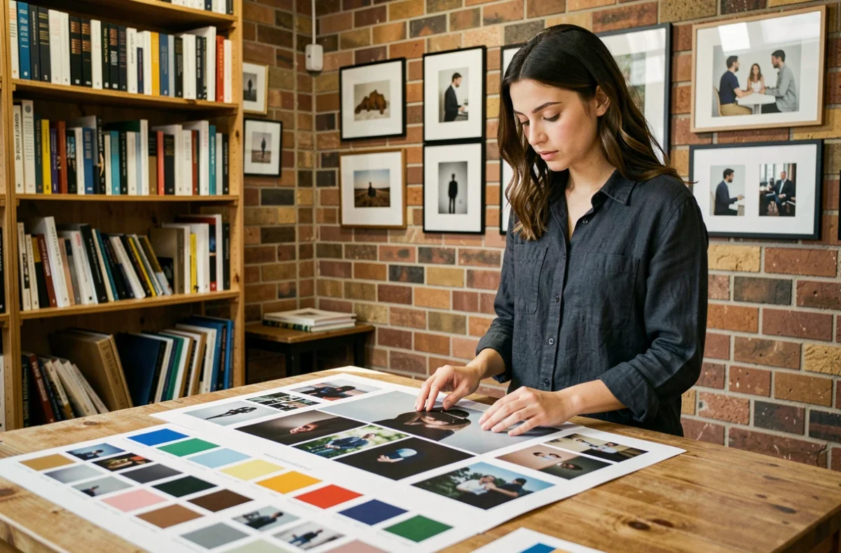Étudiante en photographie à Toulouse examinant un portfolio dans un studio d'école photo avec des tirages artistiques et commerciaux au mur