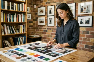 Étudiante en photographie à Toulouse examinant un portfolio dans un studio d'école photo avec des tirages artistiques et commerciaux au mur