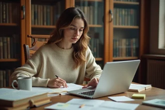 Étudiante en droit rédigeant une dissertation juridique avec l'aide d'un outil IA sur son ordinateur portable dans une bibliothèque universitaire