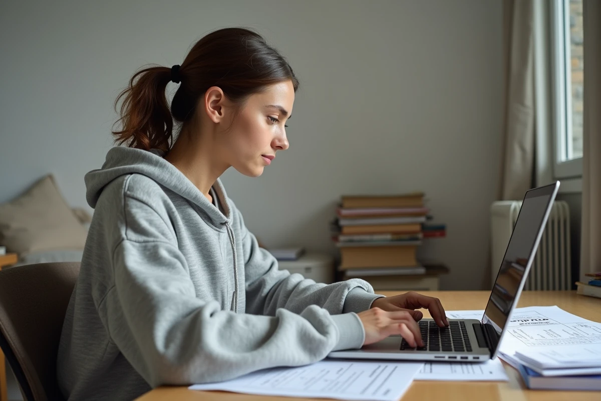 Étudiante remplissant une simulation de bourse CROUS sur son ordinateur portable dans un appartement étudiant modeste